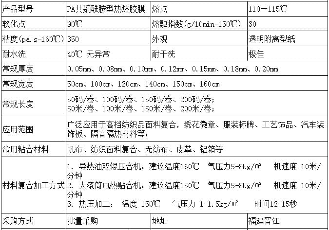 PA熱熔膠膜參數