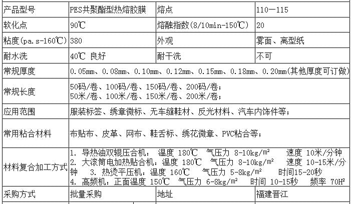 PES熱熔膠膜參數